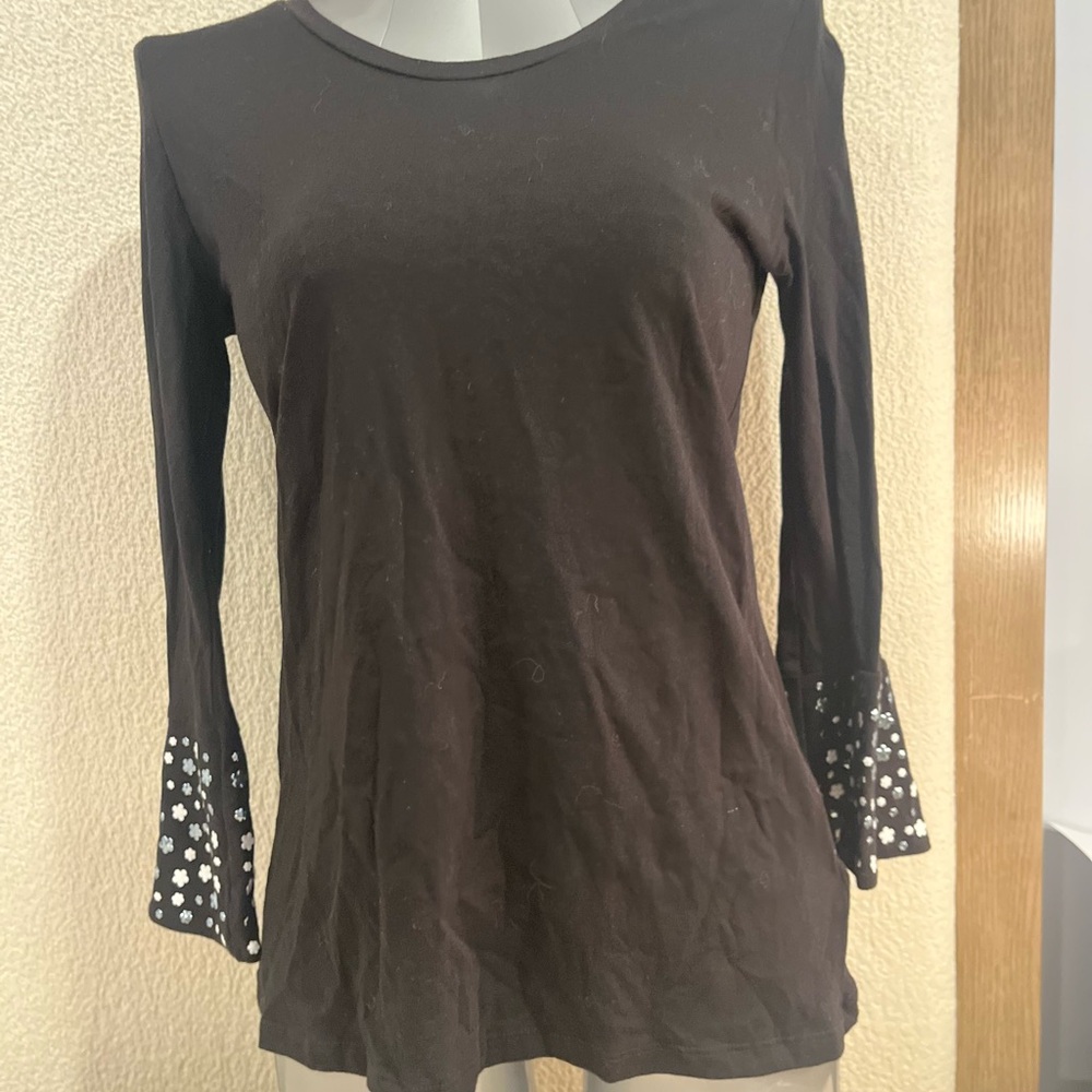 Michael Kors Black Long-Sleeve Top with Printed Flare Cuffs